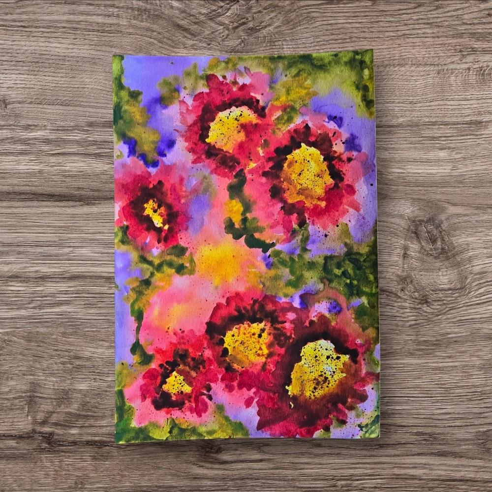 Vibrant Floral Original Watercolor Painting, 7.5 X 11", Unmatted
